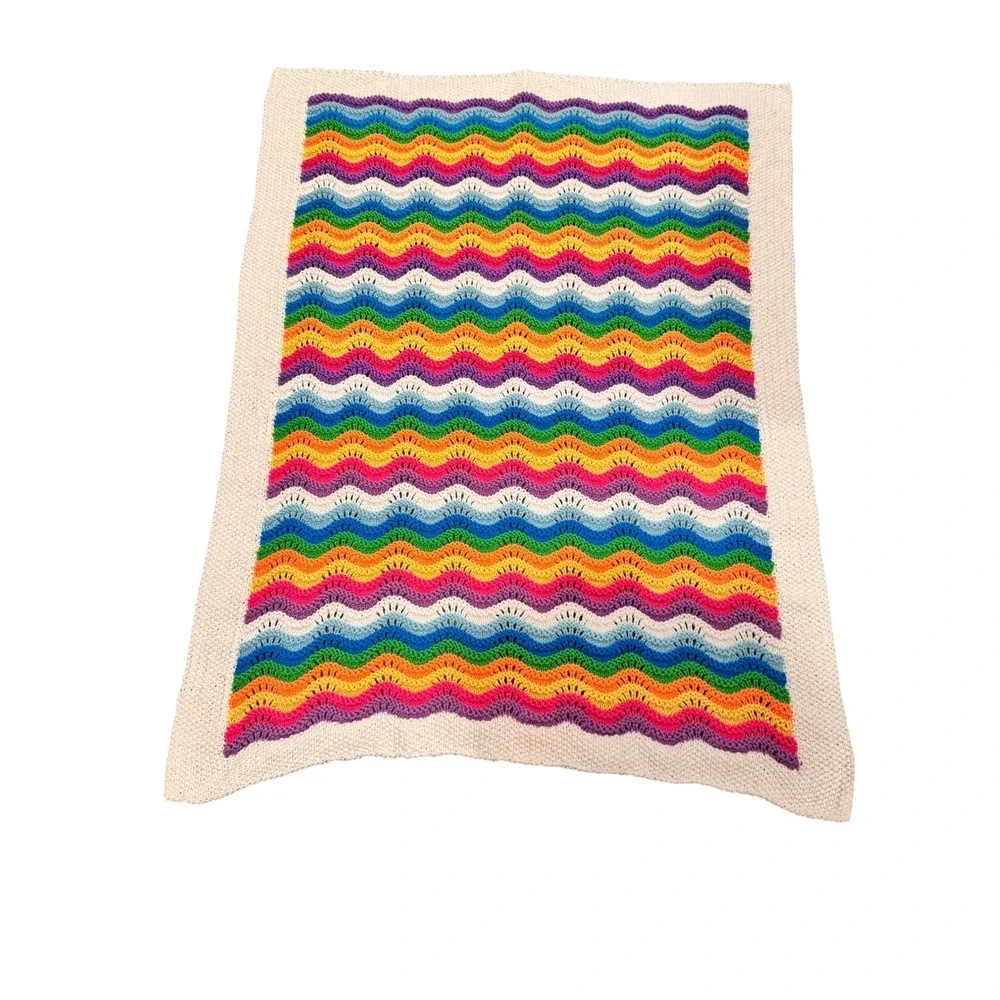 Rainbow Crochet Wave Afghan Throw‎ Blanket Granny Ripple Boho Vintage Style